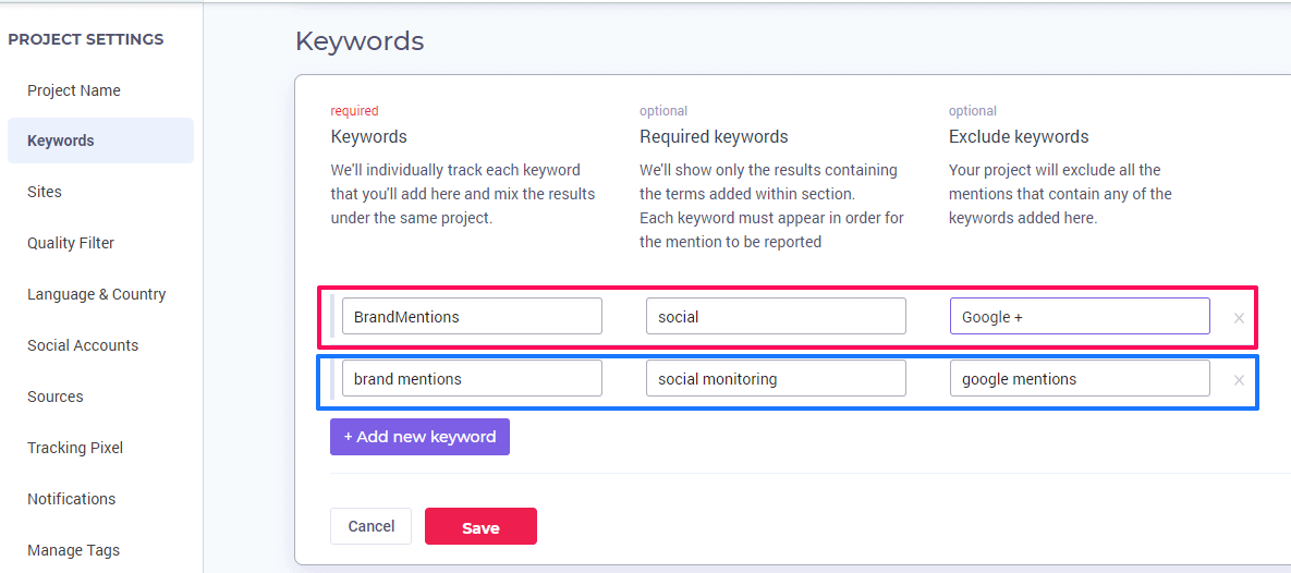 New Keyword Management