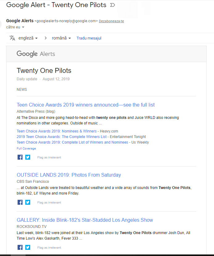 Google Alerts email notification