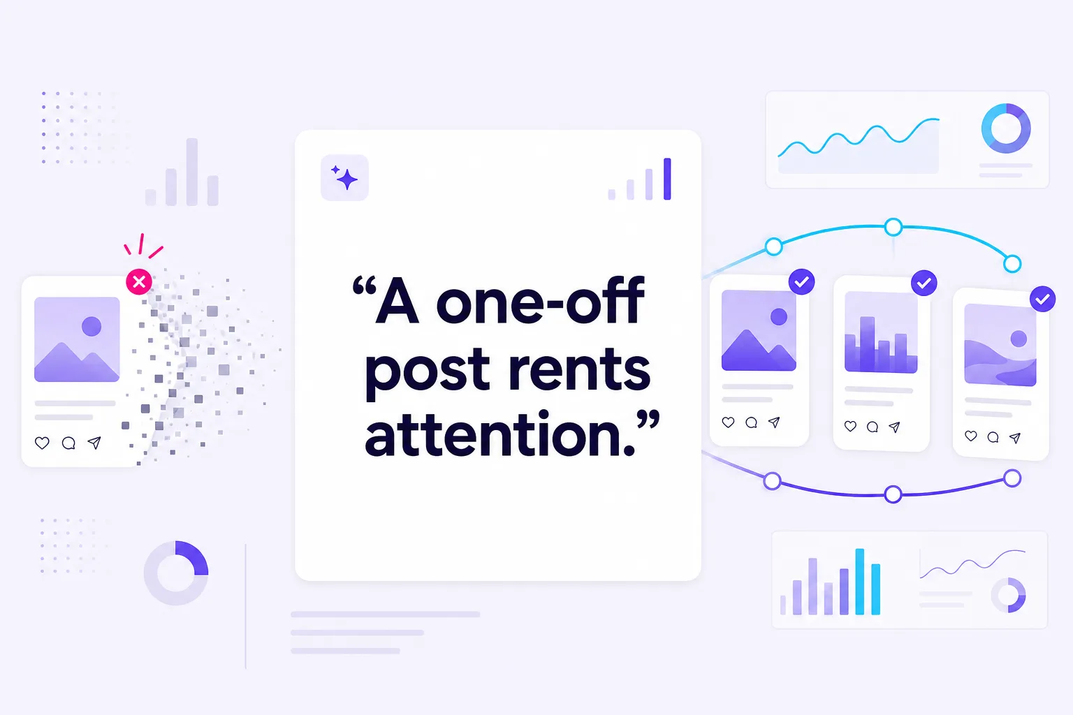 Quote card warning that one-off influencer posts only rent attention