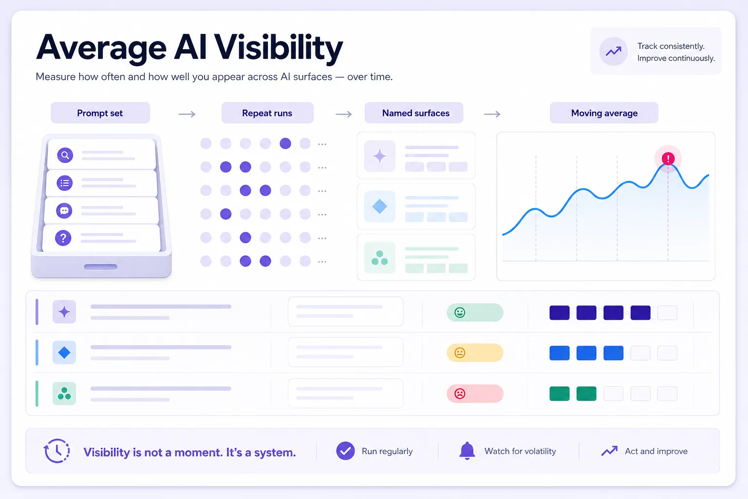 Average AI visibility report across prompts, platforms, mentions, and sentiment.