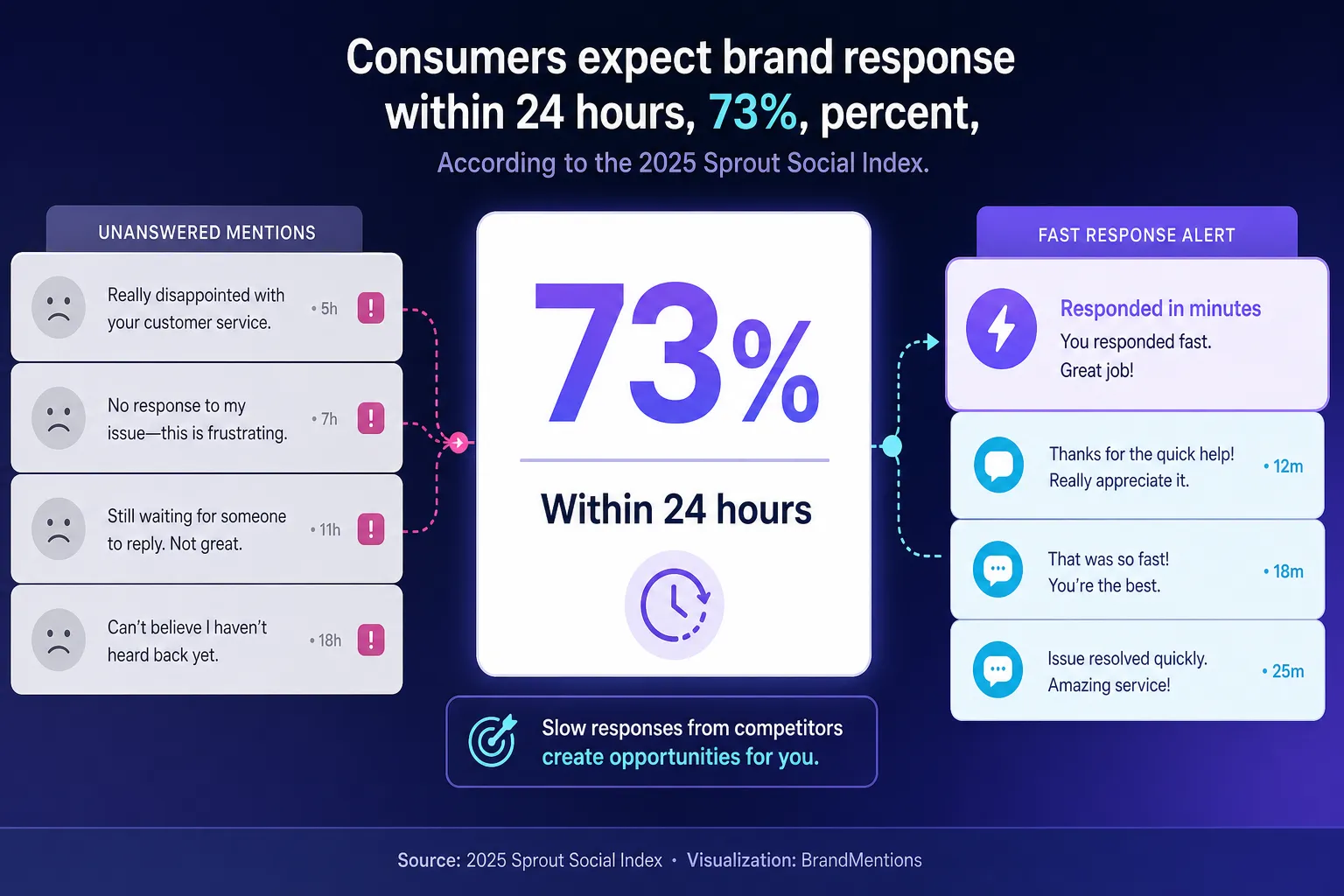 Social listening response benchmark with 73 percent expecting replies within 24 hours