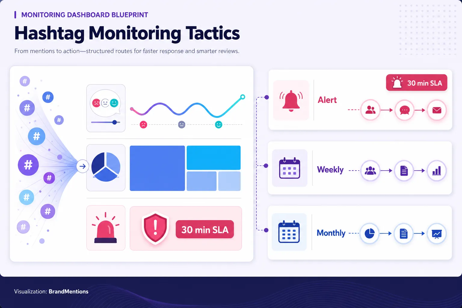 Hashtag monitoring dashboard blueprint with alerts, owners, and reporting cadence