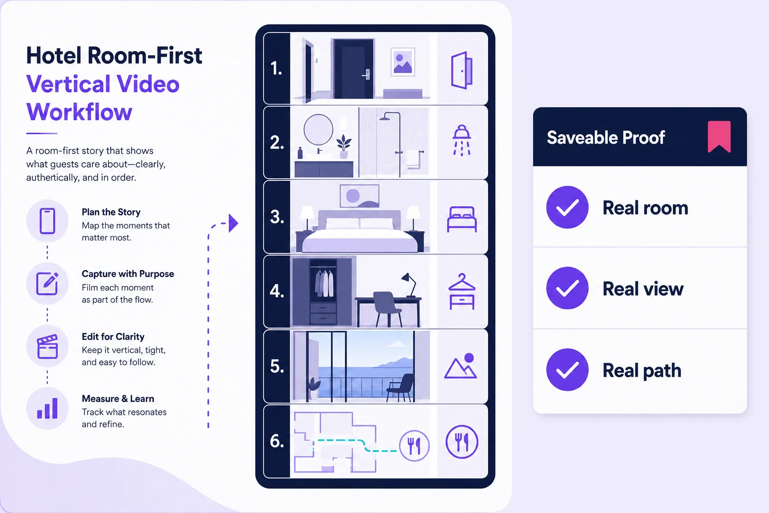 Room-first vertical video storyboard for hotel social media marketing