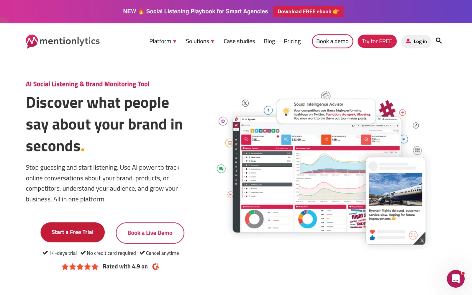 Screenshot of the Mentionlytics website homepage