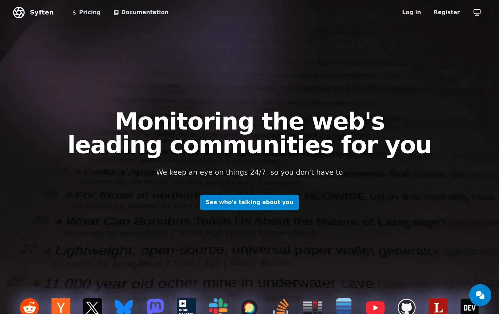 Screenshot of the Syften website homepage