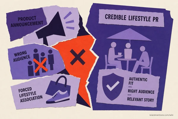 Two columns divided by a torn edge, the left showing risks with icons of a megaphone, crossed out person groups, and a shoe, the right showing figures conversing under a roof with a shield listing authenticity criteria.