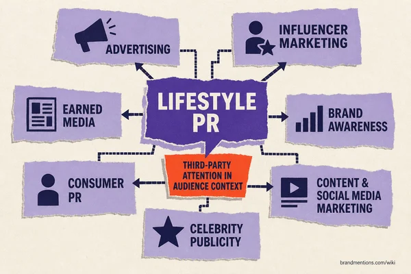 Central box labeled 'Lifestyle PR' connected by lines to eight surrounding boxes representing related practices, with a highlighted note indicating third-party attention in audience context.